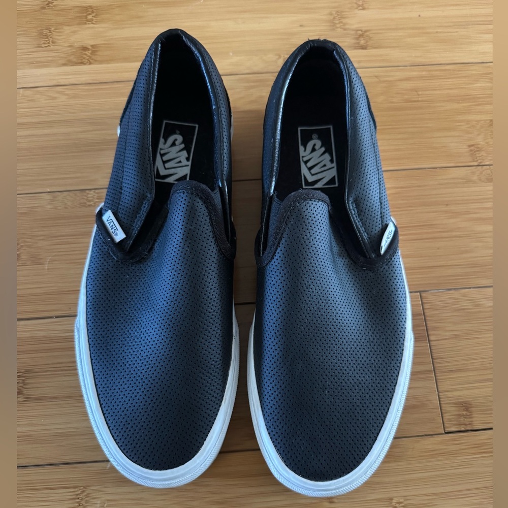 Vans Black Slip-On Perforated Leather Sneakers with White Sole